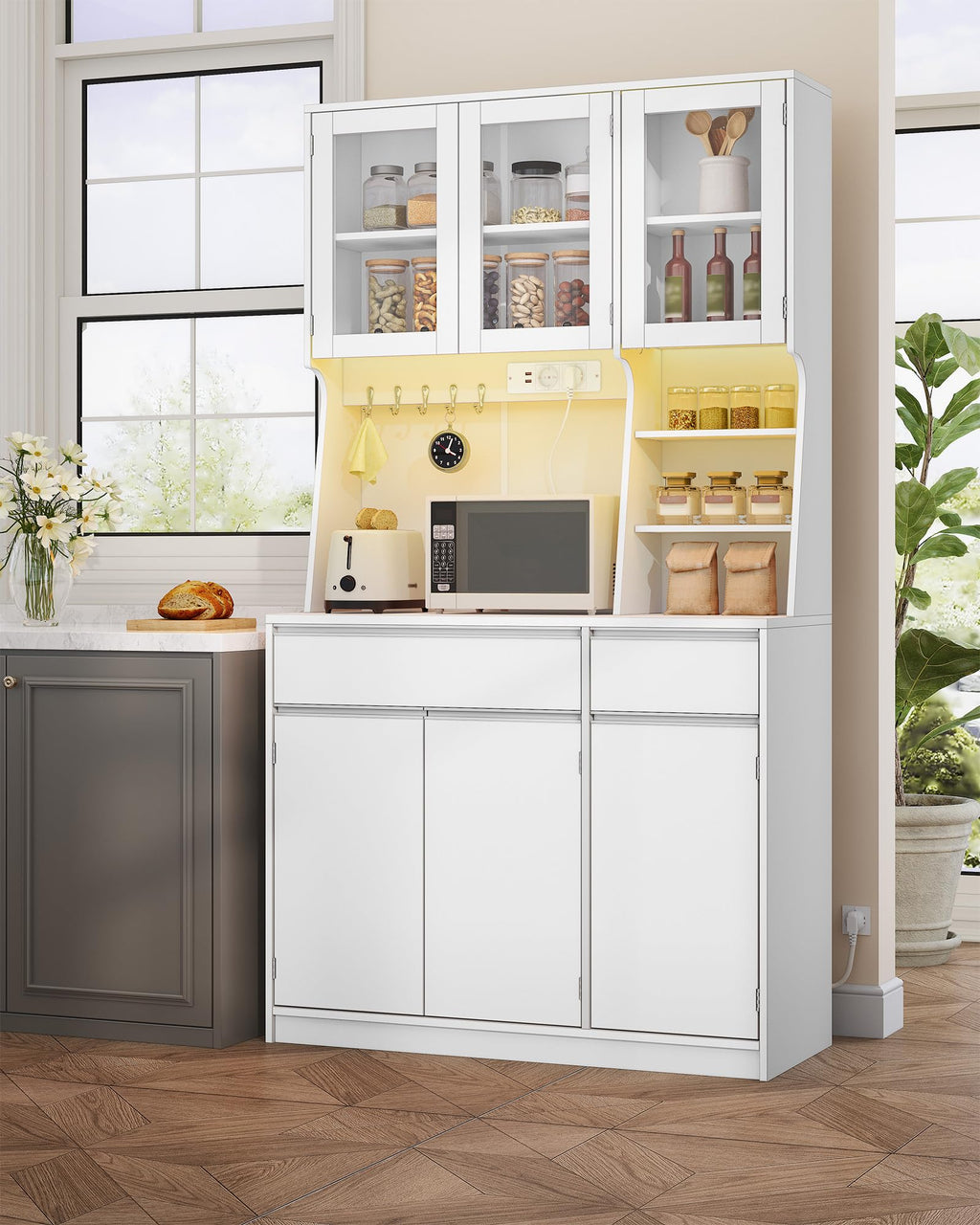 Armoire de cuisine avec rangement et éclairage LED PT00103XEU 40 x 100 x 180 cm avec prises intégrées et tiroirs