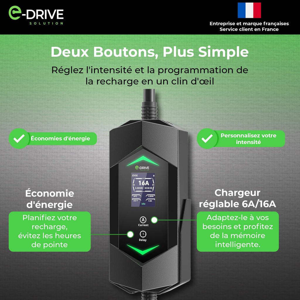 Chargeur voiture électrique Type 2 16A 3,7 kW câble 6m avec écran LCD départ différé support mural protection intégrée