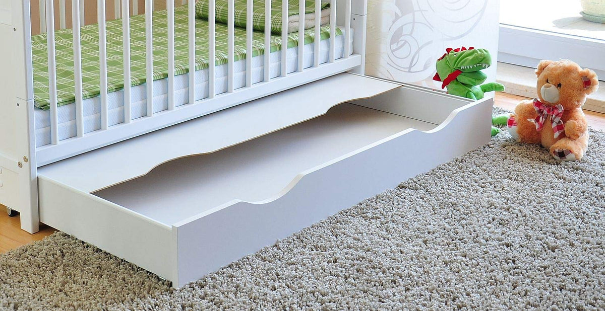 Lit bébé convertible avec tiroir 120x60 cm en bois de pin avec matelas mousse Aloe Vera rails réglables en hauteur