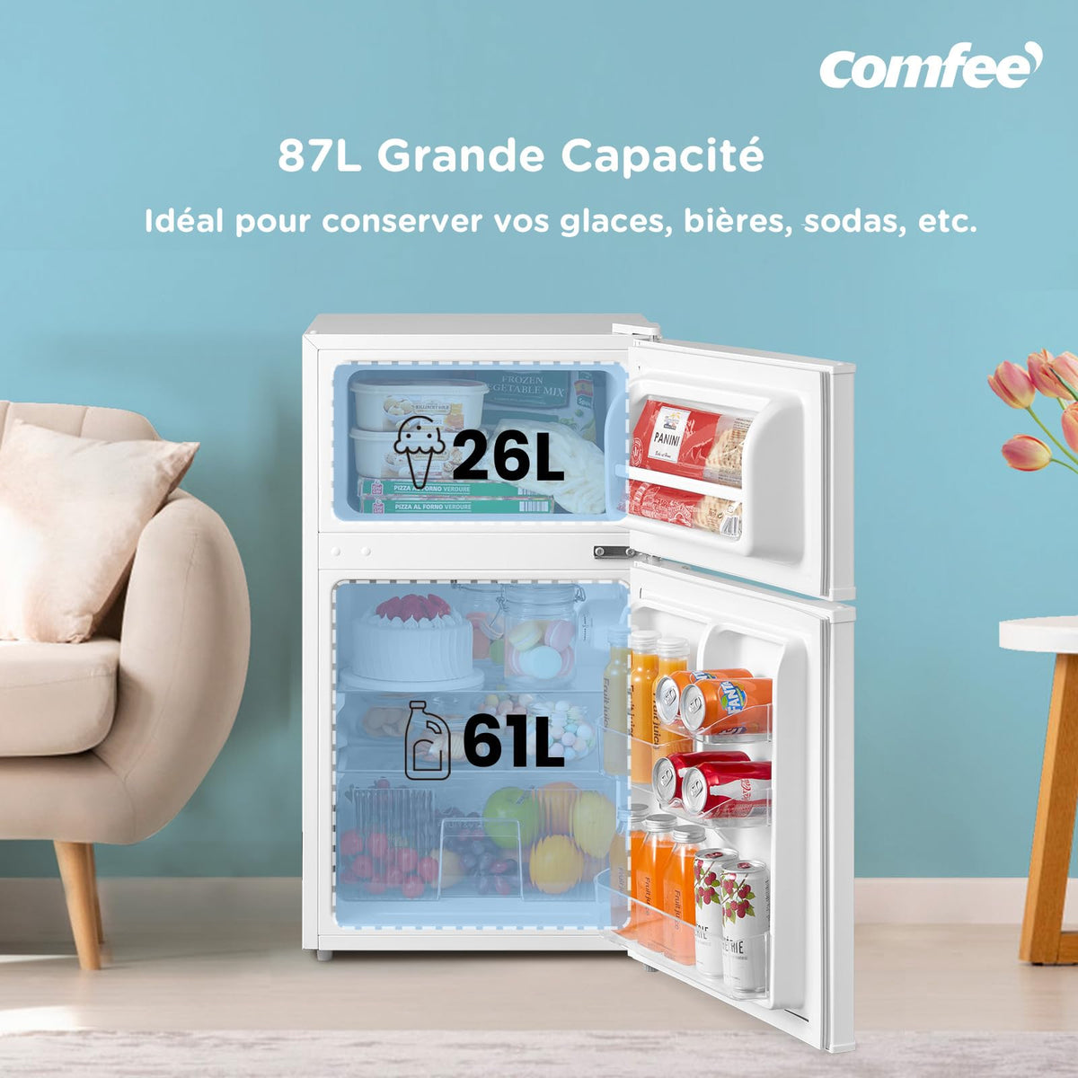 Réfrigérateur Congélateur Combiné 87L RCT87WH2(E) 2 Portes Avec Éclairage Intérieur et Porte Réversible