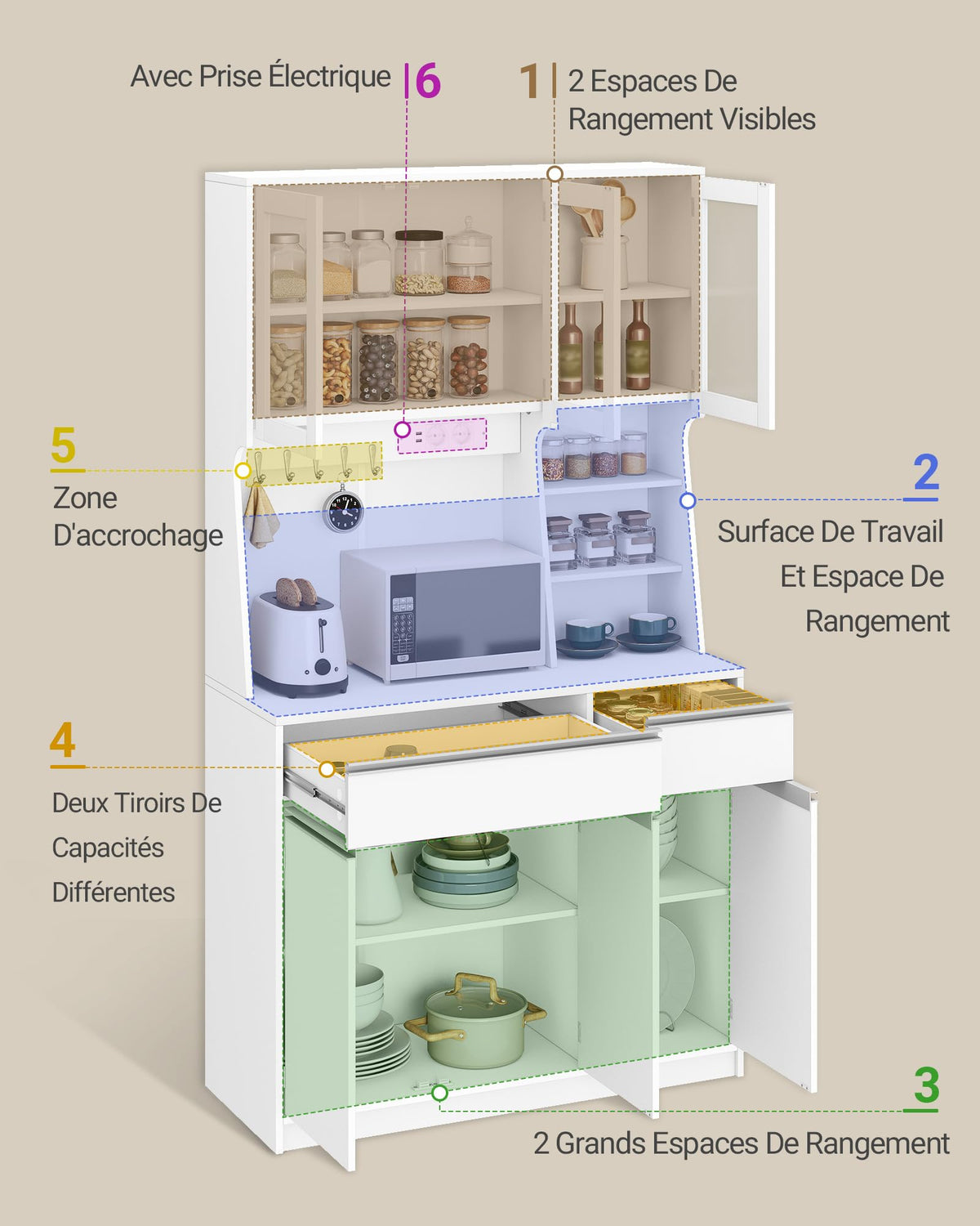Armoire de cuisine avec rangement et éclairage LED PT00103XEU 40 x 100 x 180 cm avec prises intégrées et tiroirs