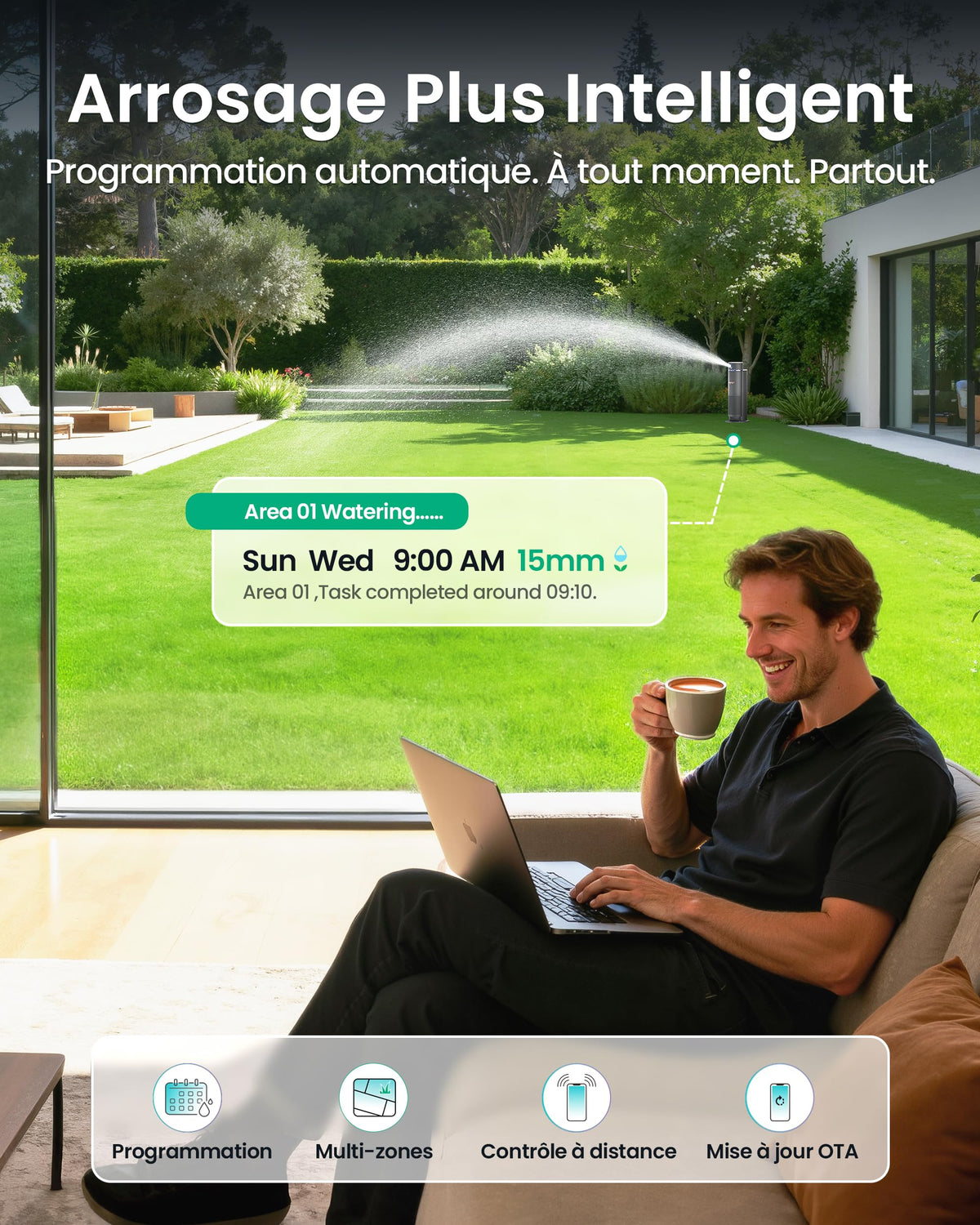 Système d’irrigation intelligent IrriSense 2 Multi-Zones Contrôle par Application Capteur de Pluie Jusqu’à 446 m²