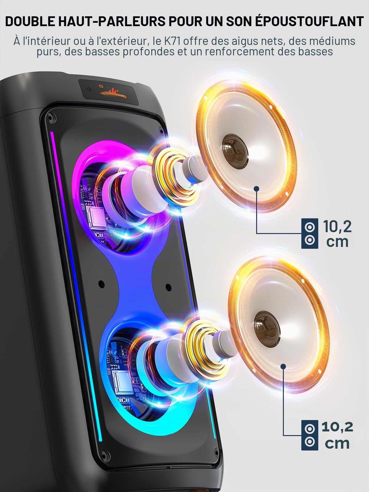 Machine karaoké Bluetooth 60 W avec 2 Microphones sans Fil Batterie 6000 mAh TWS USB TF AUX