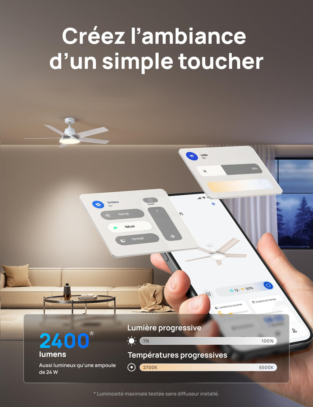 Ventilateur de plafond intelligent LED blanc 132 cm moteur DC silencieux 12 vitesses télécommande application DR-HCF001S