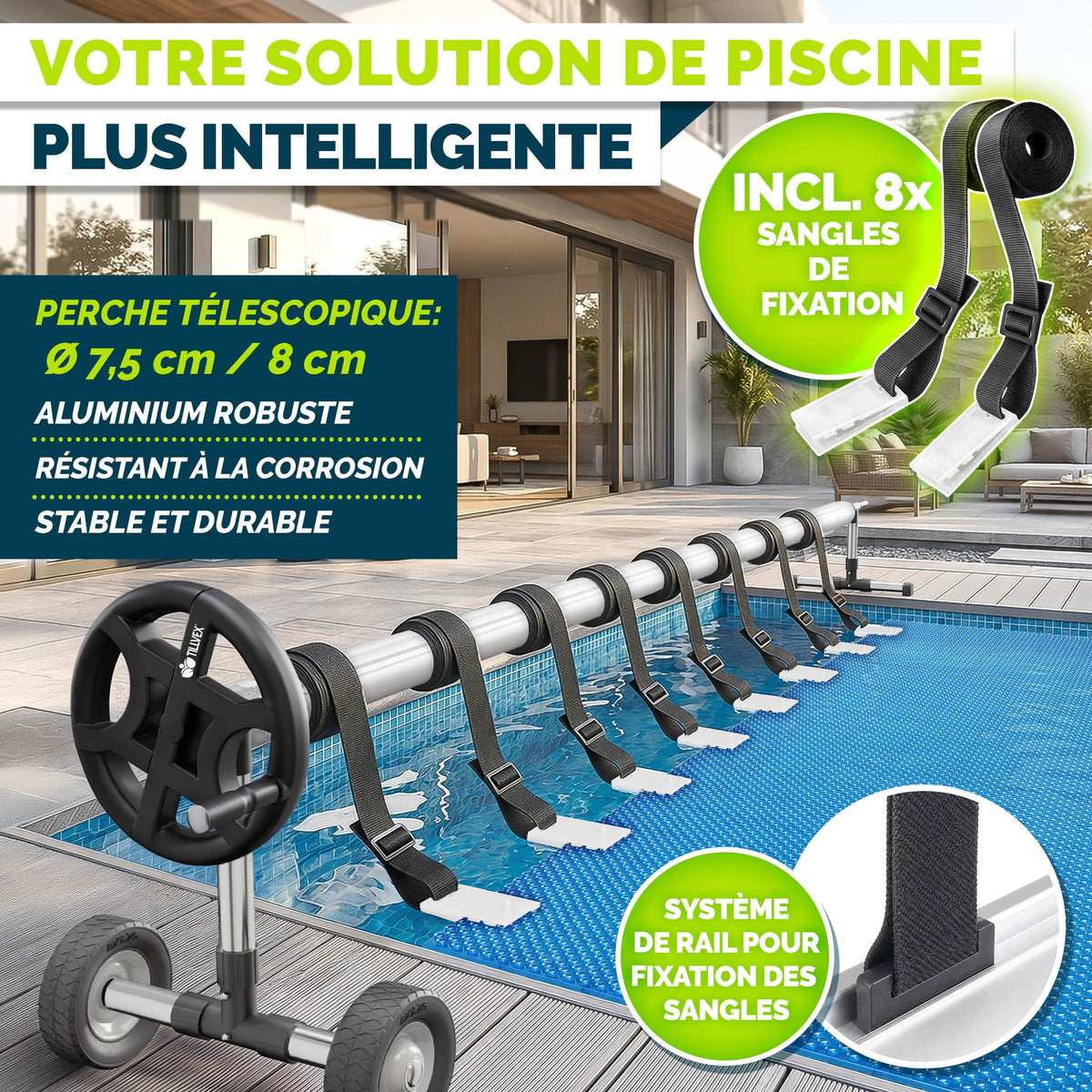 Enrouleur de Piscine 3-5,70 m avec Tube Télescopique 5 Sections et Fixations pour Bâche Solaire