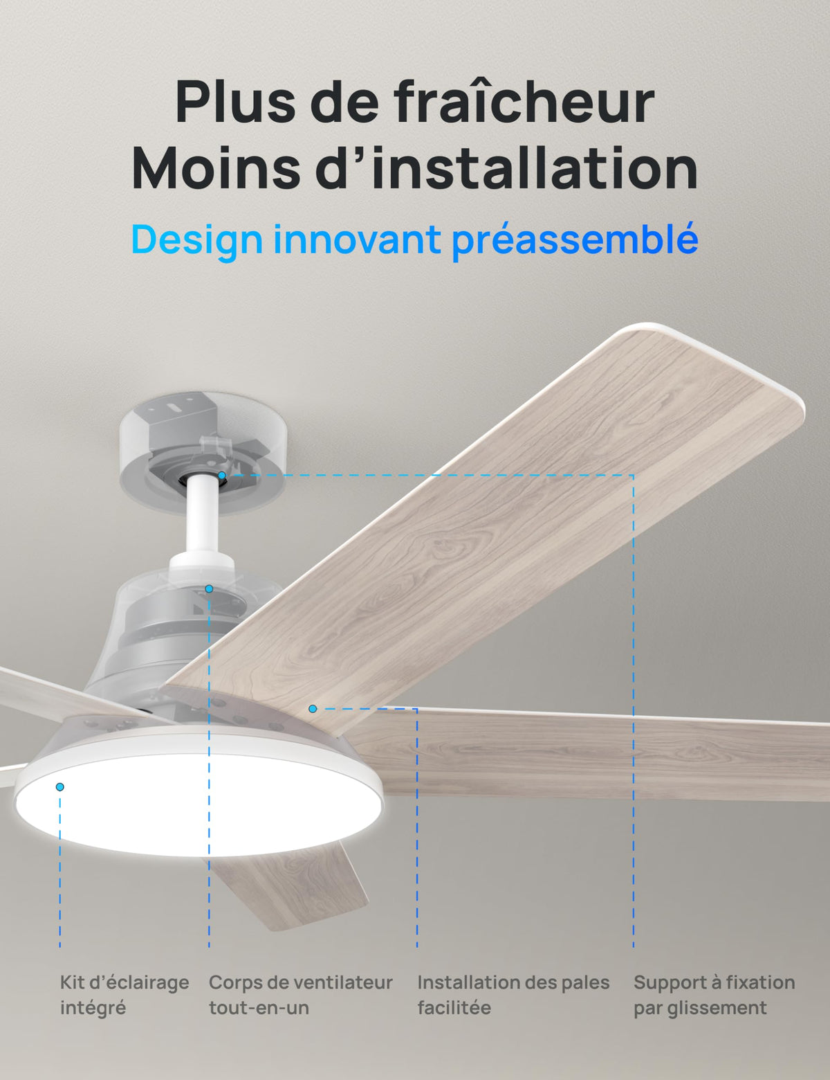 Ventilateur de plafond intelligent LED blanc 132 cm moteur DC silencieux 12 vitesses télécommande application DR-HCF001S
