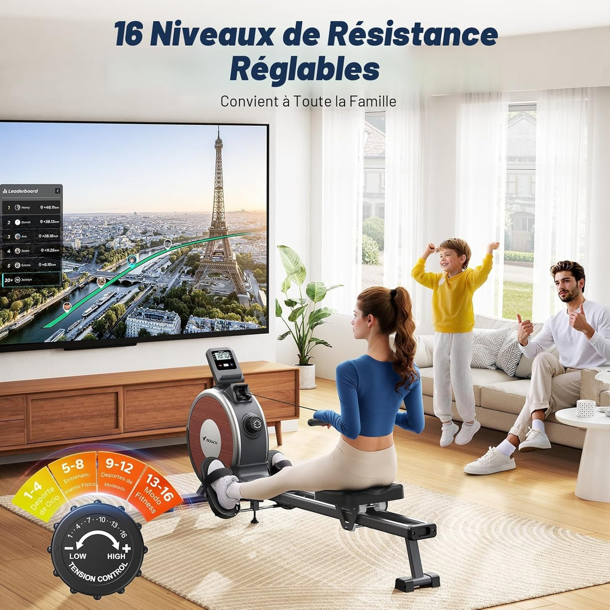 Rameur magnétique d’appartement Q1s 16 niveaux résistance silencieuse application MERACH rails doubles charge 160 kg noir