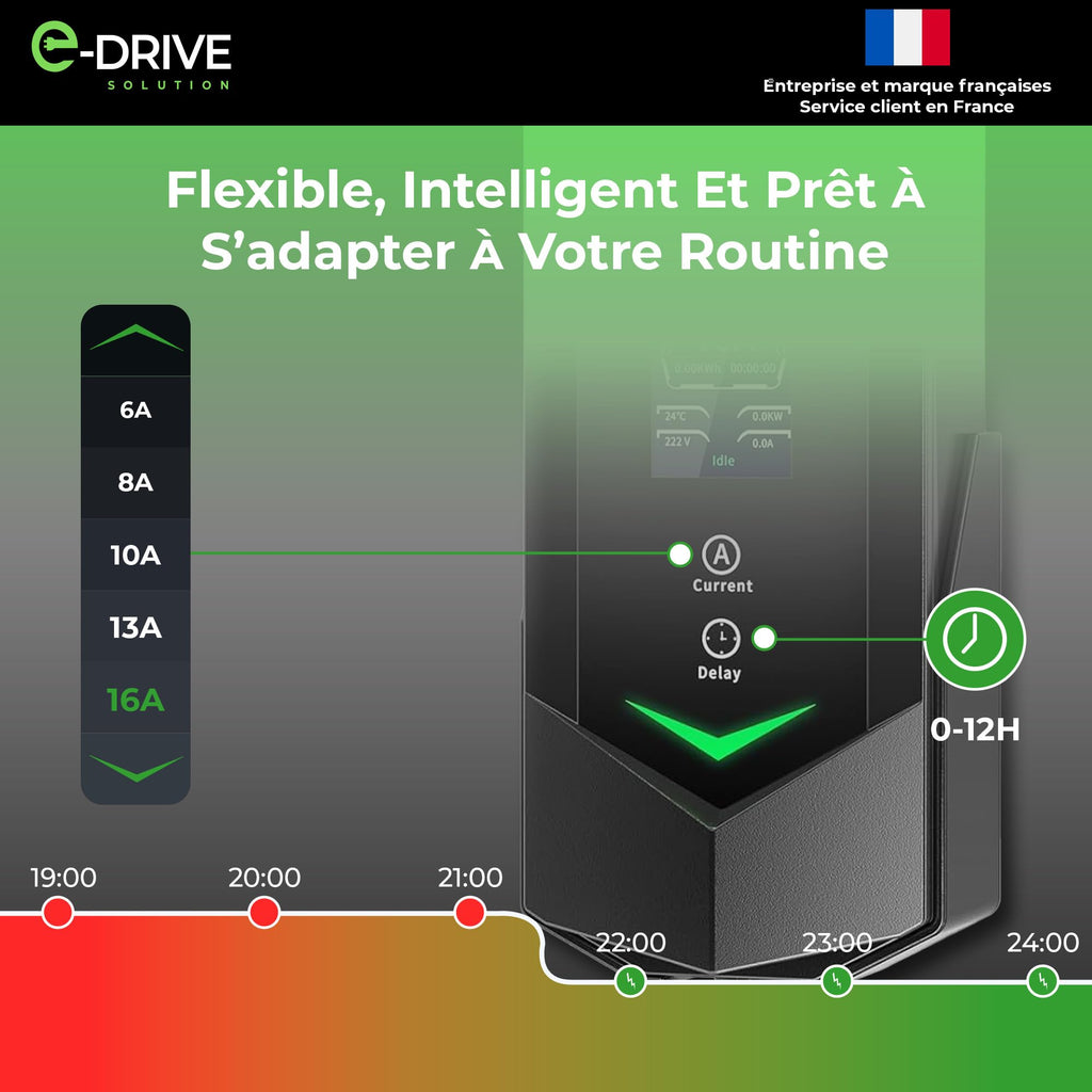 Chargeur voiture électrique Type 2 16A 3,7 kW câble 6m avec écran LCD départ différé support mural protection intégrée