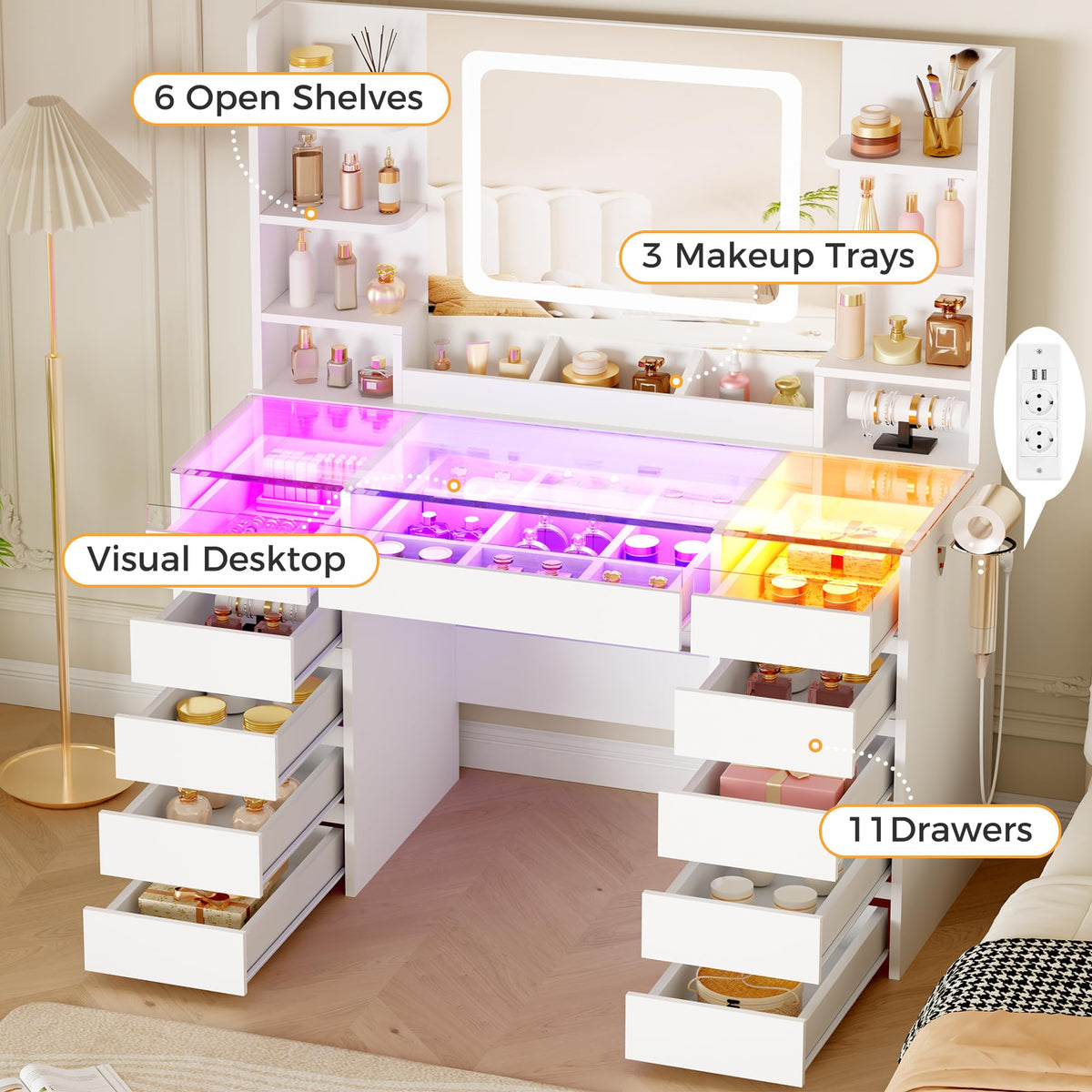 Coiffeuse EFST57W avec miroir LED RGB plateau en verre 11 tiroirs 6 étagères et prises USB 105 x 40 x 140 cm blanc