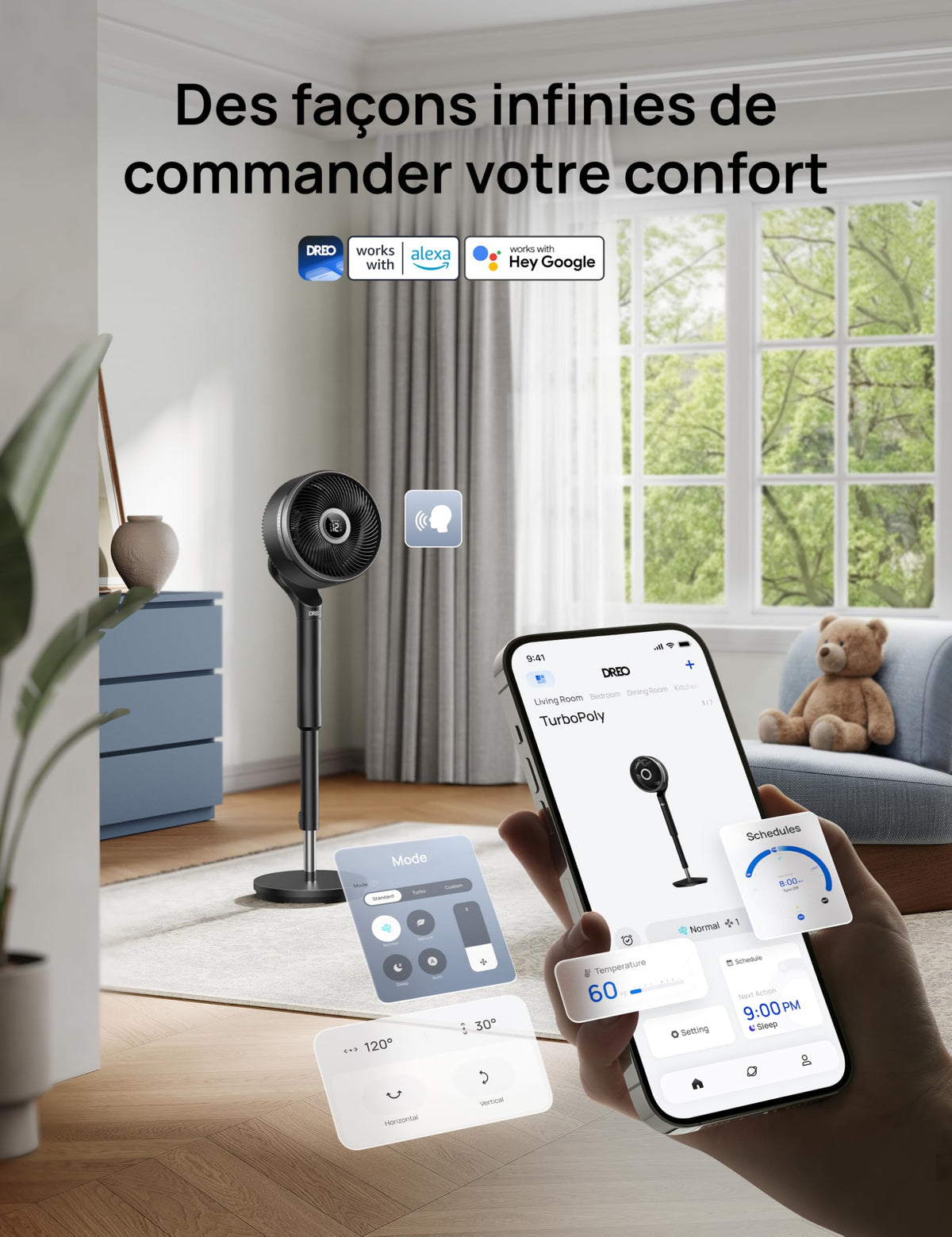 Ventilateur sur pied DR-HPF015S intelligent oscillation 3D 150°+100° moteur DC silencieux 20 dB 12 vitesses 6 modes télécommande