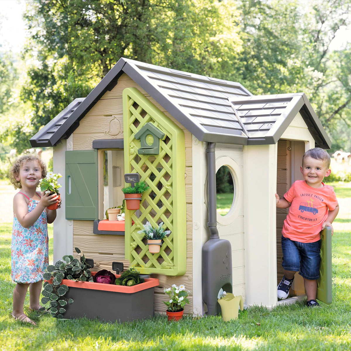 Maison de jardin enfant Garden House avec jardinière treillis mangeoire à oiseaux récupérateur d'eau plastique recyclé 132x128,5x135 cm