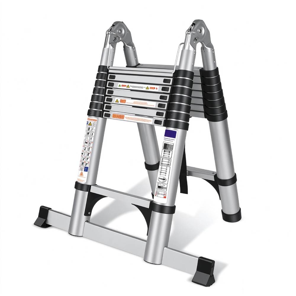 Échelle télescopique pliante DLT210E 5 m aluminium argent 150 kg hauteur réglable stabilisateurs échelle A et droite