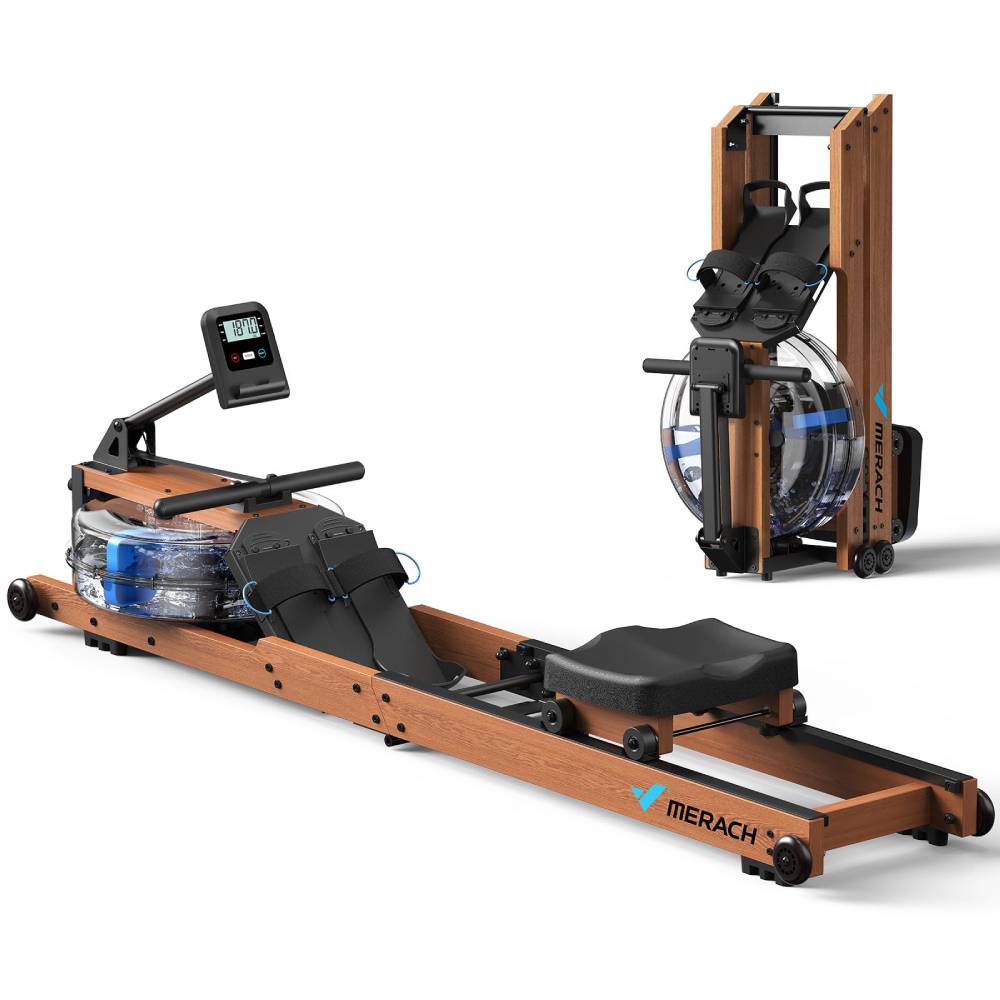 Rameur à eau pliable R28 en bois de frêne 180 kg résistance à eau siège confortable rangement vertical roues