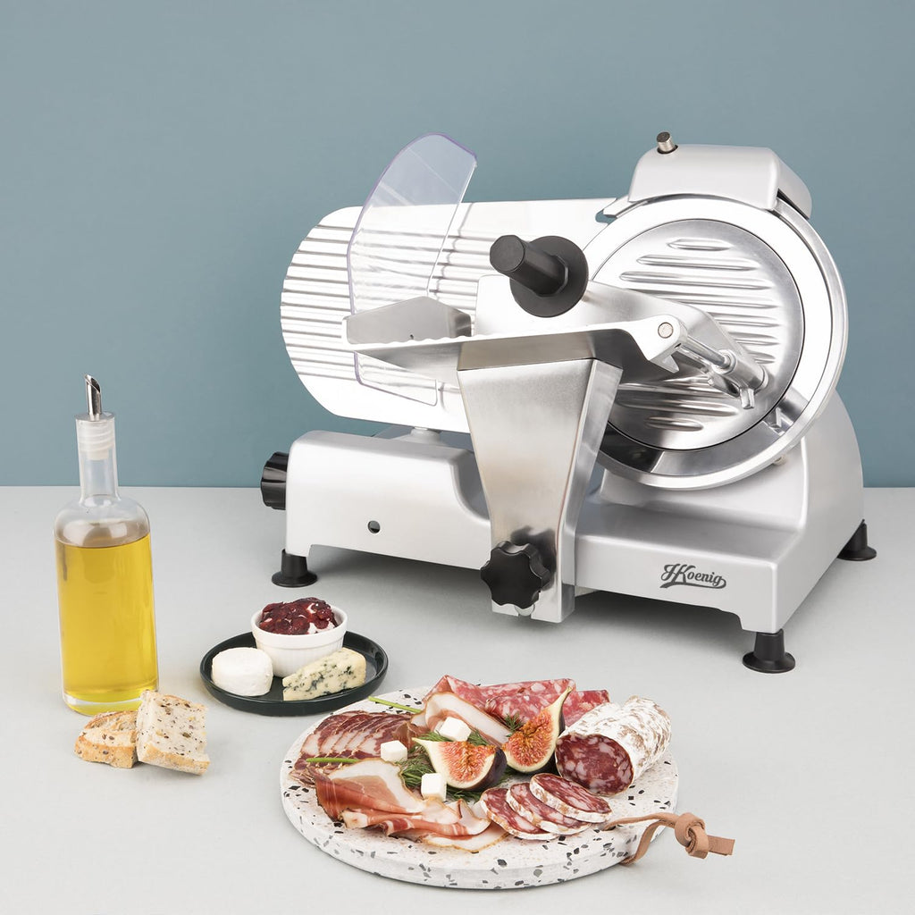 Trancheuse électrique à viande MSX220 220 W avec lame inox 20 cm épaisseur de coupe réglable 0-12 mm aiguiseur intégré et plateau large