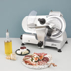 Trancheuse électrique à viande MSX220 220 W avec lame inox 20 cm épaisseur de coupe réglable 0-12 mm aiguiseur intégré et plateau large