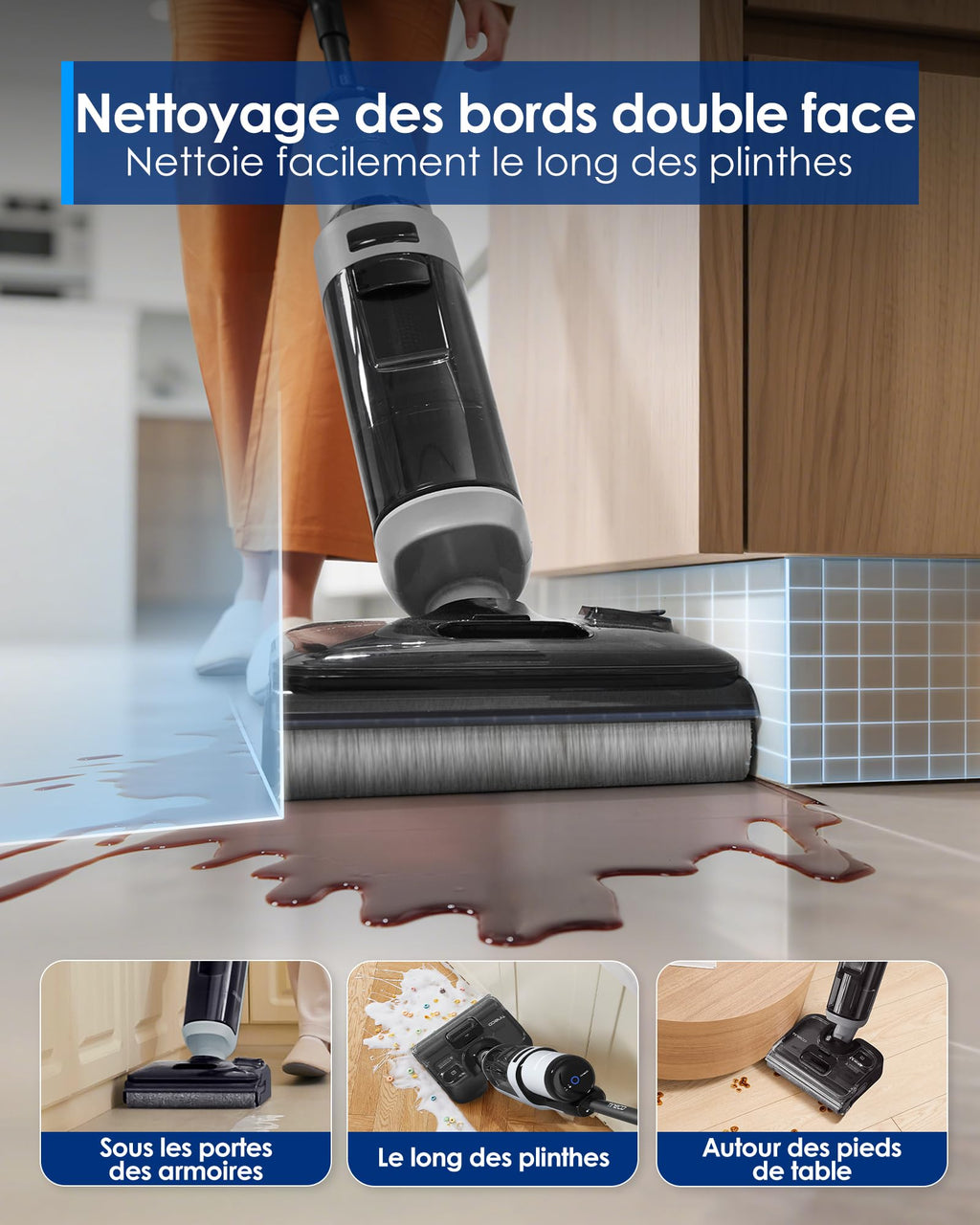 Aspirateur laveur Floor One i5 Stretch 20kPa sans fil batterie avec nettoyage des bords double côté position inclinable 180° pour sols durs