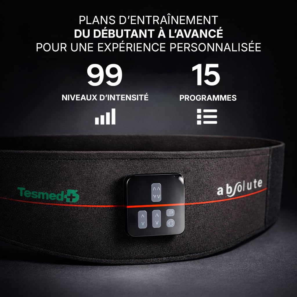 Ceinture d’Électrostimulation Abdominale EMS Rechargeable 15 Programmes 99 Niveaux d’Intensité Sans Fil USB Tour de Taille jusqu’à 120 cm