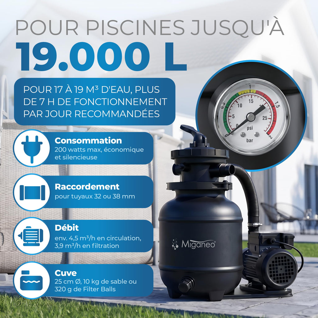Filtre à sable Miganeo 40385 Dynamic 6500 4,5 m³ 3800 L/h 230V Valve 7 voies piscine