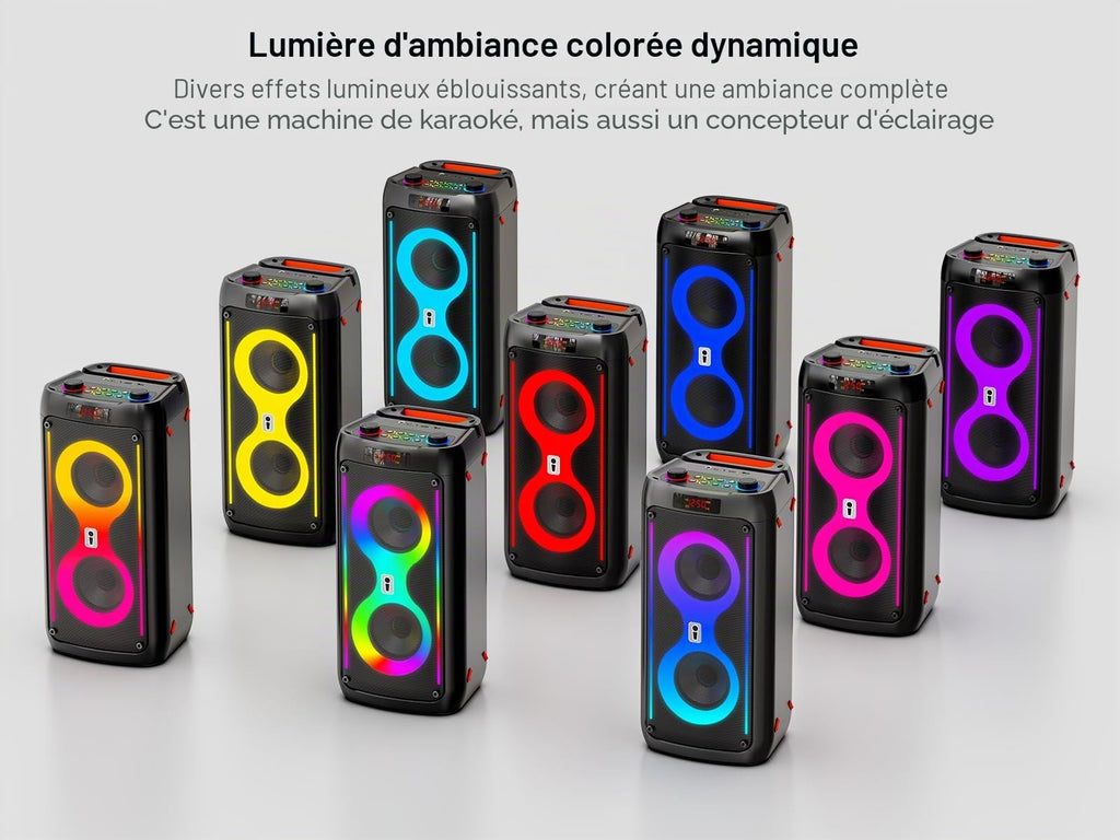 Machine karaoké Bluetooth 60 W avec 2 Microphones sans Fil Batterie 6000 mAh TWS USB TF AUX