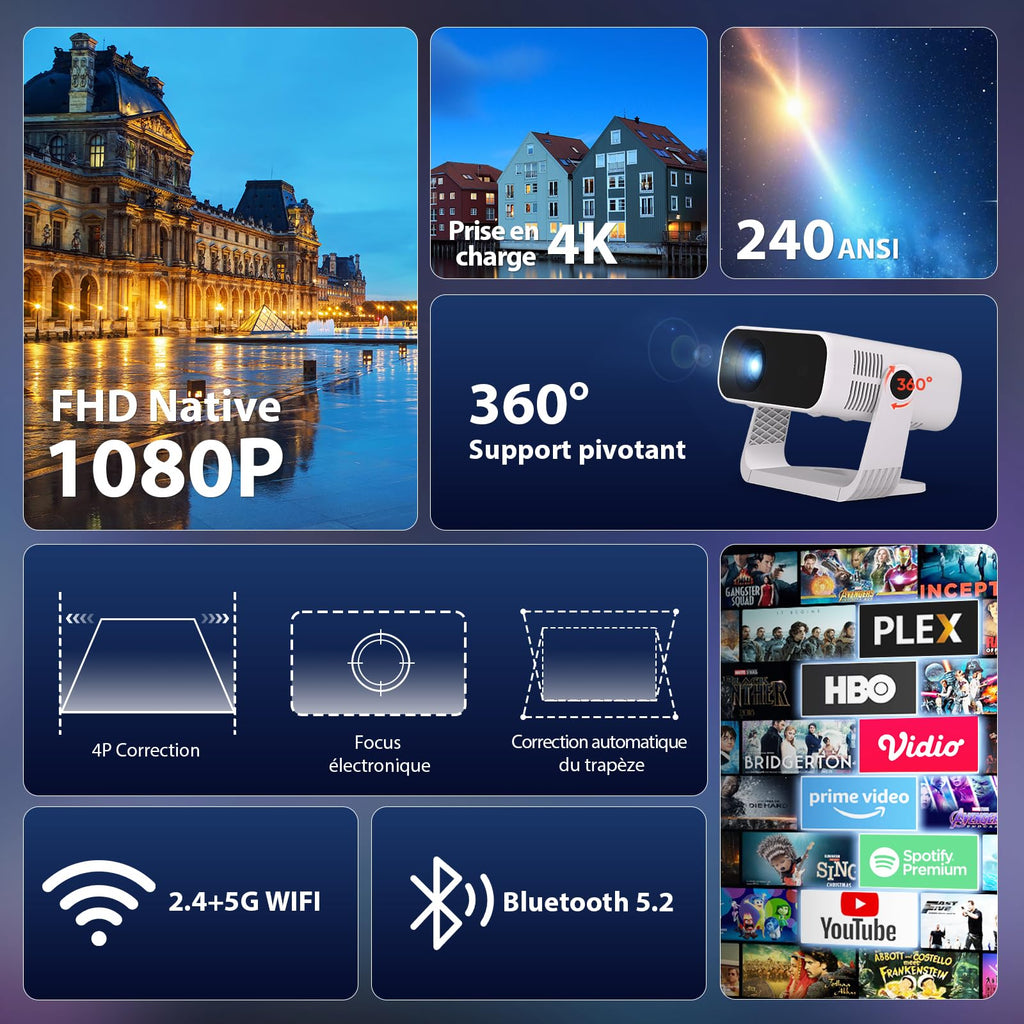 Vidéoprojecteur intelligent 1080P Android 14 4K Wi-Fi 6 Bluetooth 5.2 240 ANSI Focus électrique HDMI USB portable