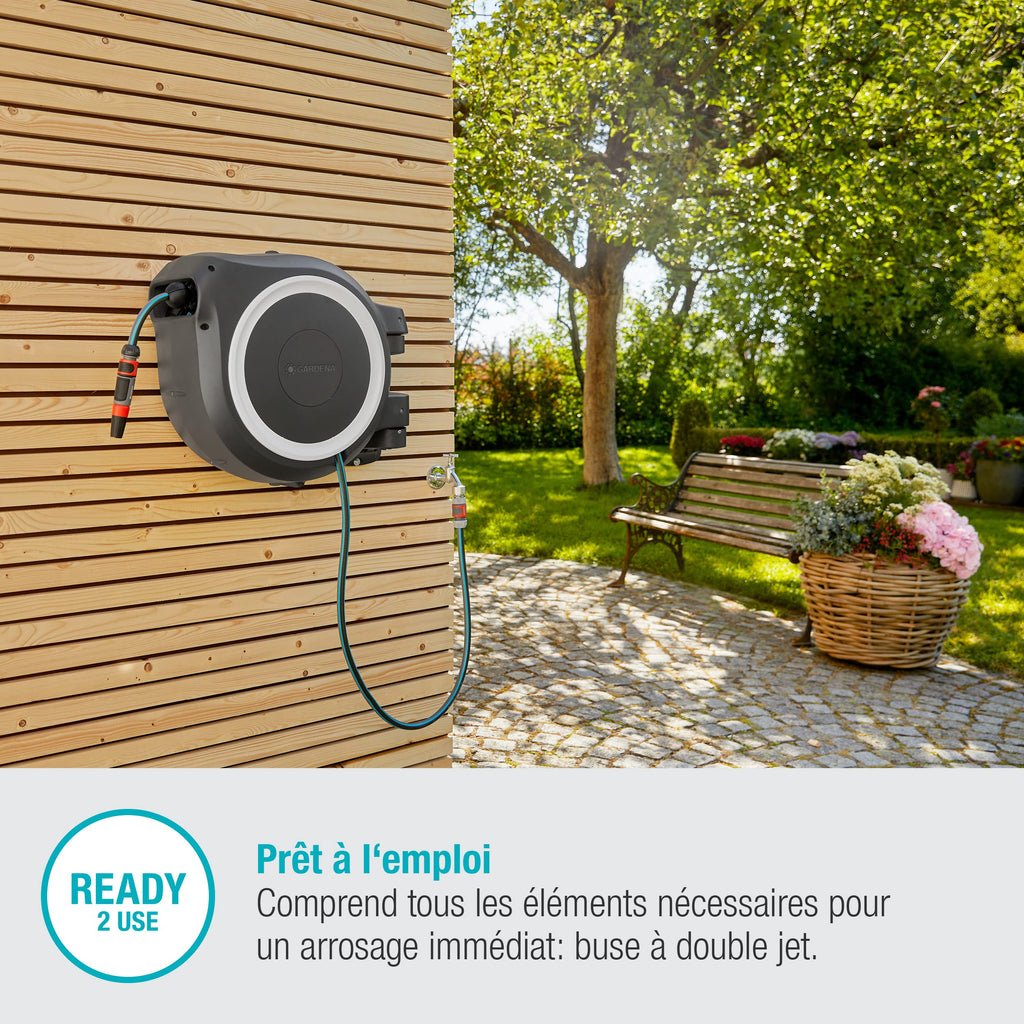 Enrouleur de tuyau mural RollUp L 30 m Ø13 mm pivotant à 180° enroulement automatique résistant au gel kit complet
