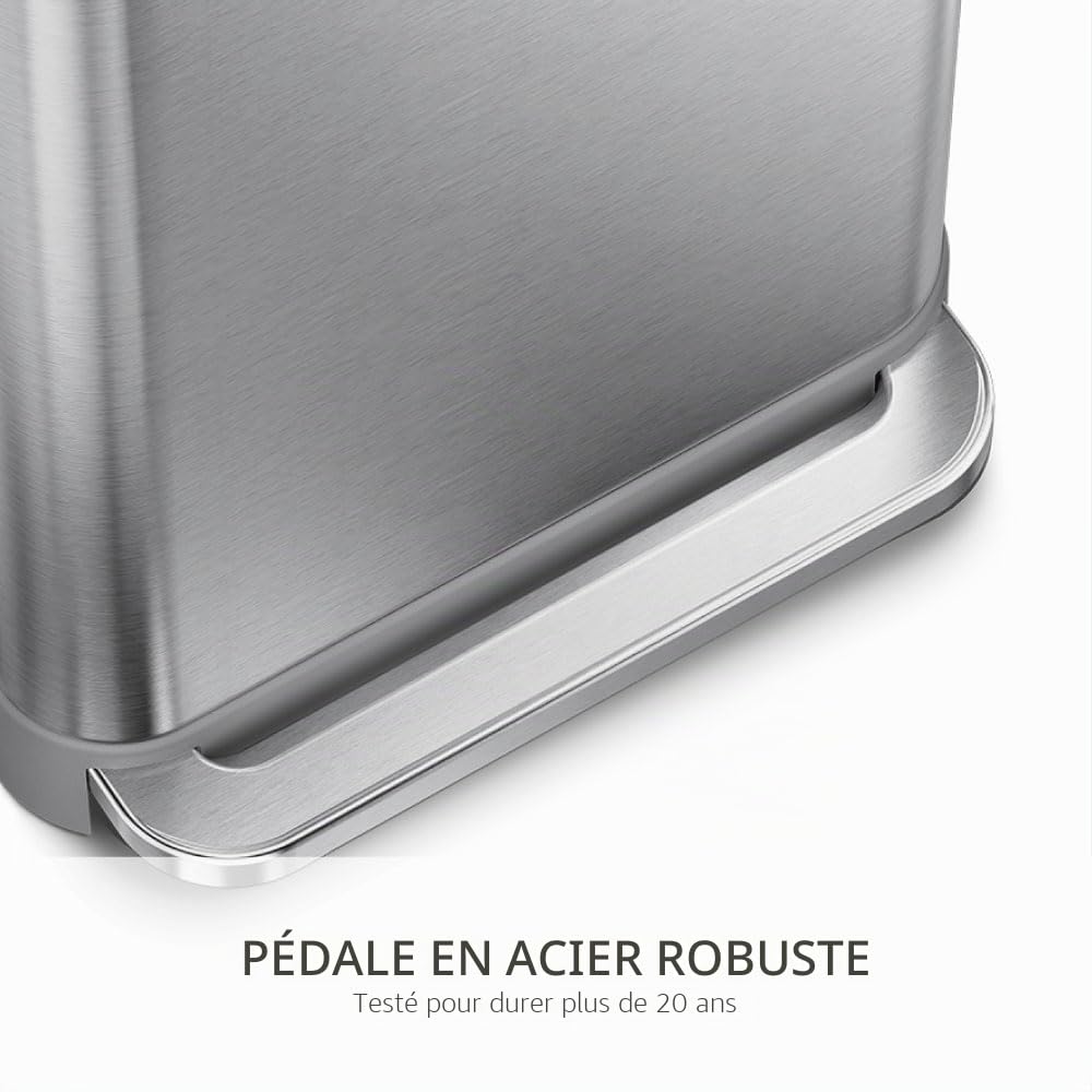 Poubelle de cuisine rectangulaire à pédale en acier inoxydable 45 L avec réserve à sacs fermeture silencieuse et couvercle anti-odeurs