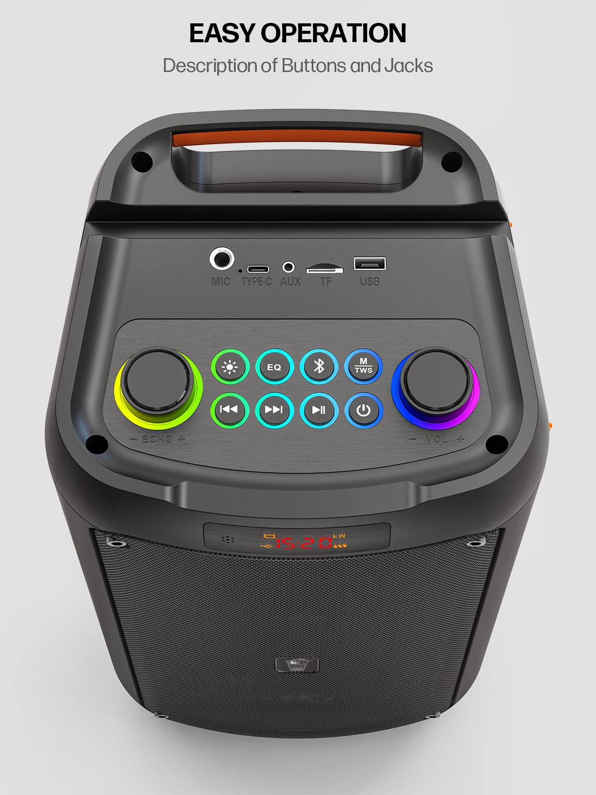 Machine karaoké Bluetooth 60 W avec 2 Microphones sans Fil Batterie 6000 mAh TWS USB TF AUX