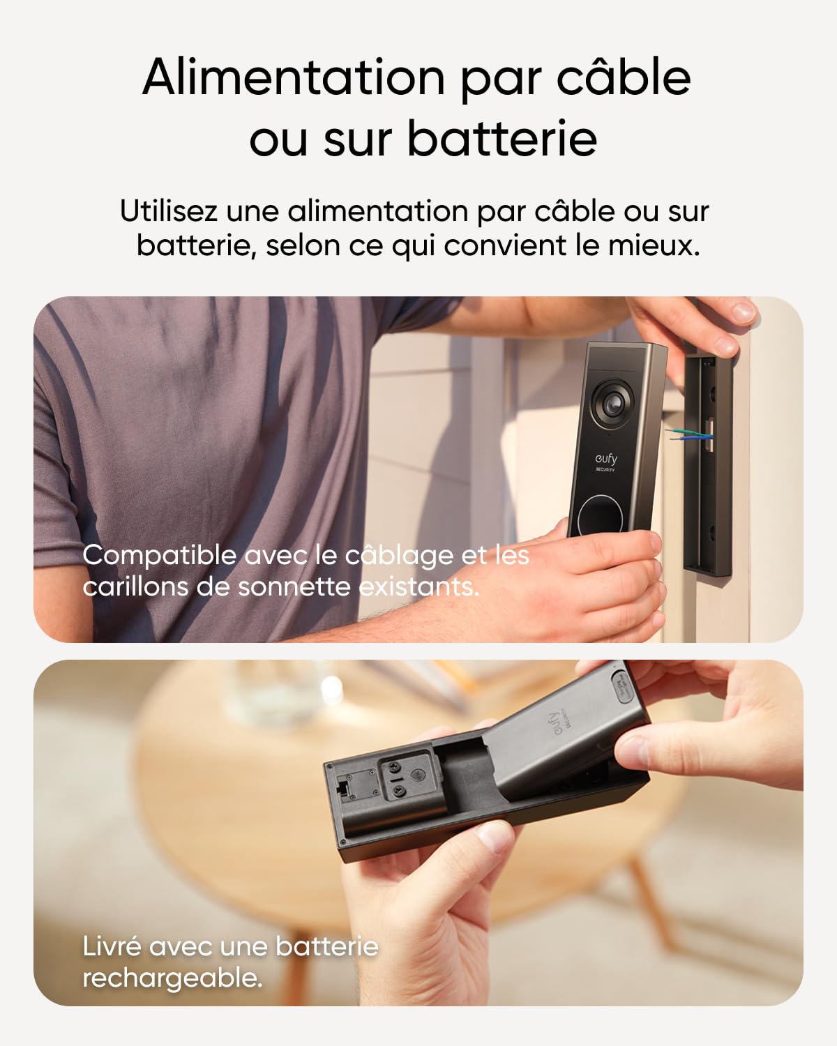 Sonnette vidéo E340 avec caméra double objectif 2K Full HD vision nocturne couleur carillon sans fil stockage local 128 Go WiFi