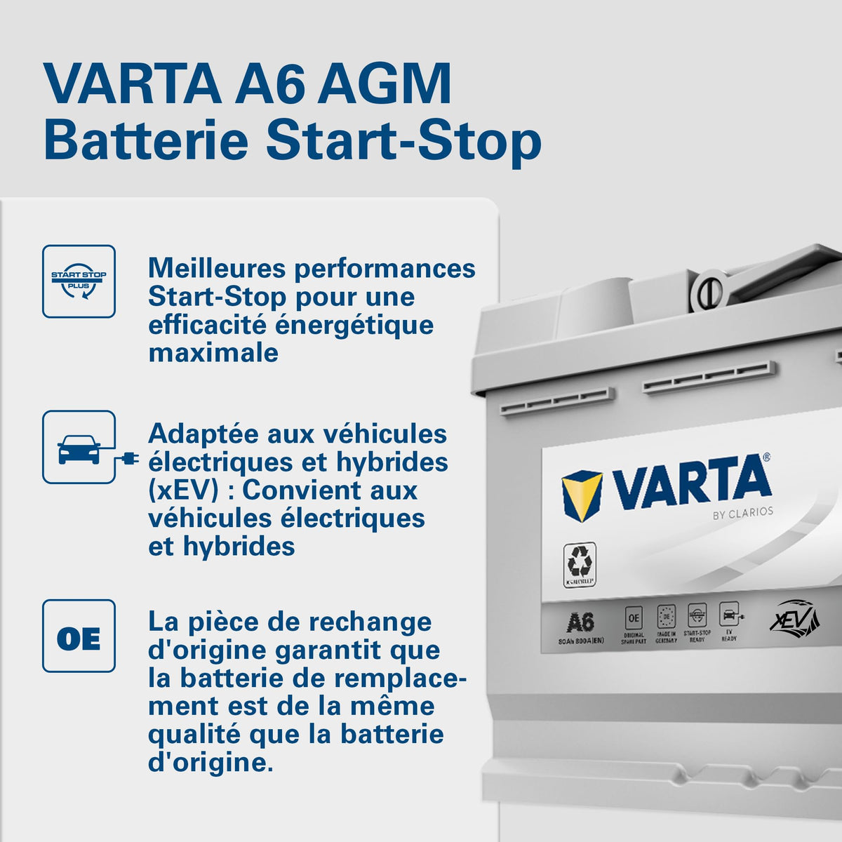 Batterie de démarrage AGM 12V 80Ah 800A Silver Dynamic XEV A6 580901080 pour voiture Start-Stop avec borne SAE