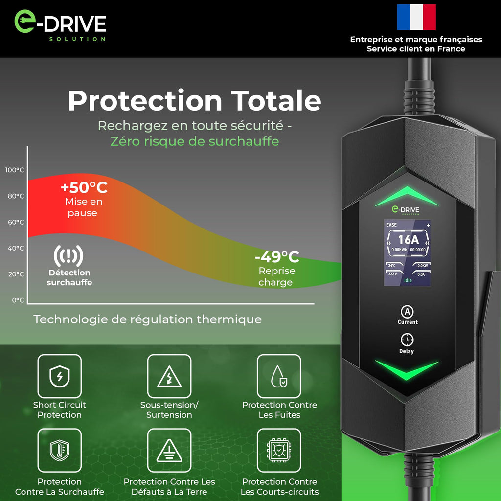 Chargeur voiture électrique Type 2 16A 3,7 kW câble 6m avec écran LCD départ différé support mural protection intégrée