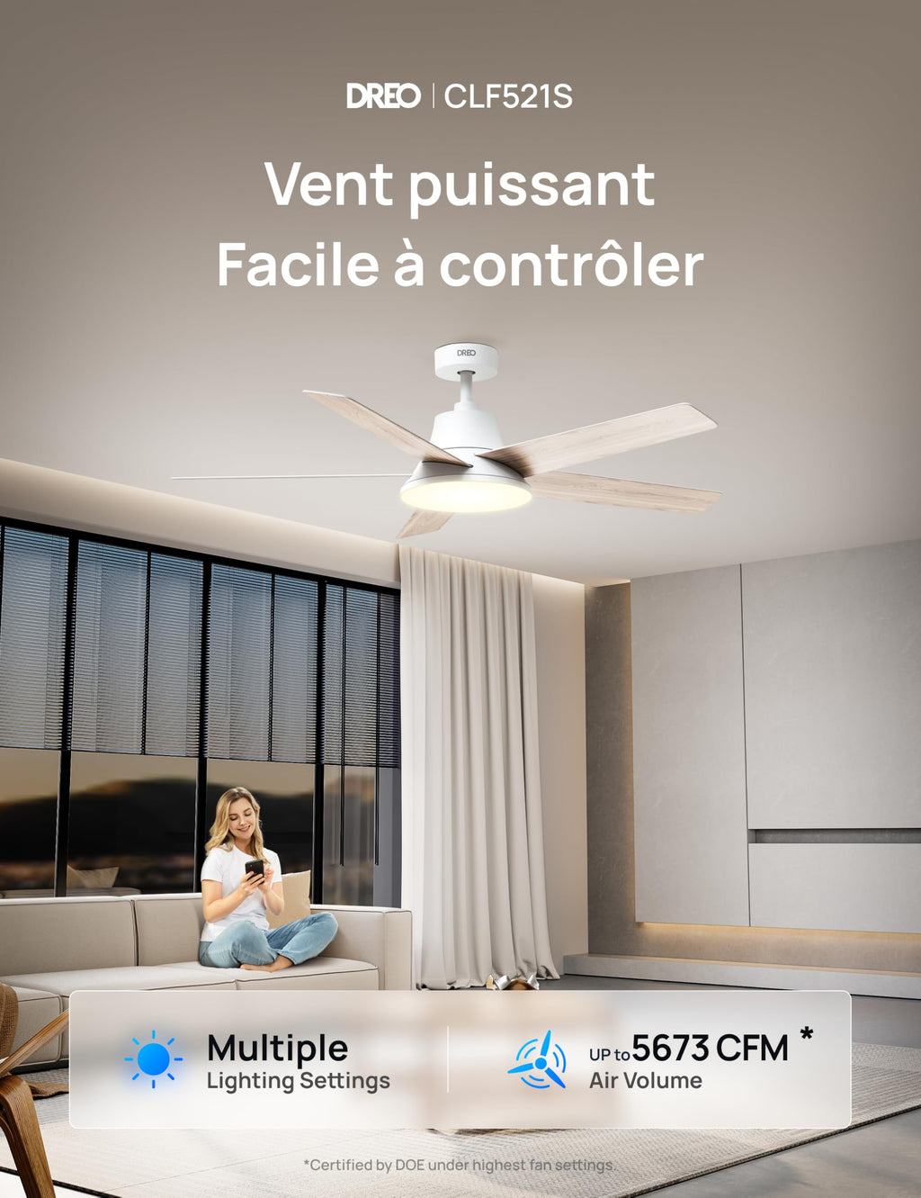 Ventilateur de plafond intelligent LED blanc 132 cm moteur DC silencieux 12 vitesses télécommande application DR-HCF001S