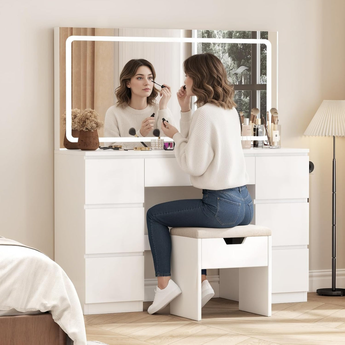 Coiffeuse miroir LED 115 x 60 cm tabouret inclus 7 tiroirs station recharge éclairage réglable blanc