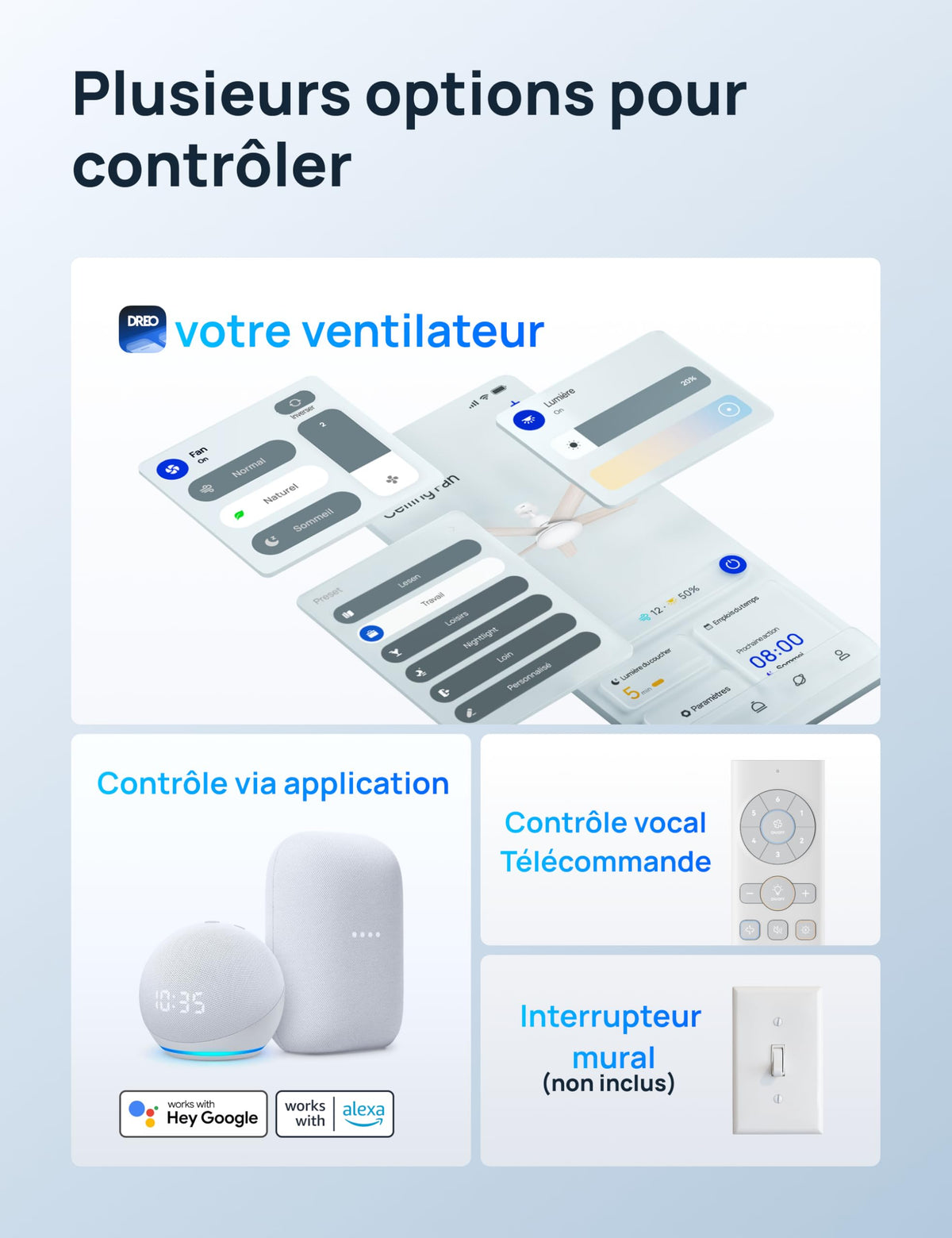Ventilateur de plafond intelligent LED blanc 132 cm moteur DC silencieux 12 vitesses télécommande application DR-HCF001S