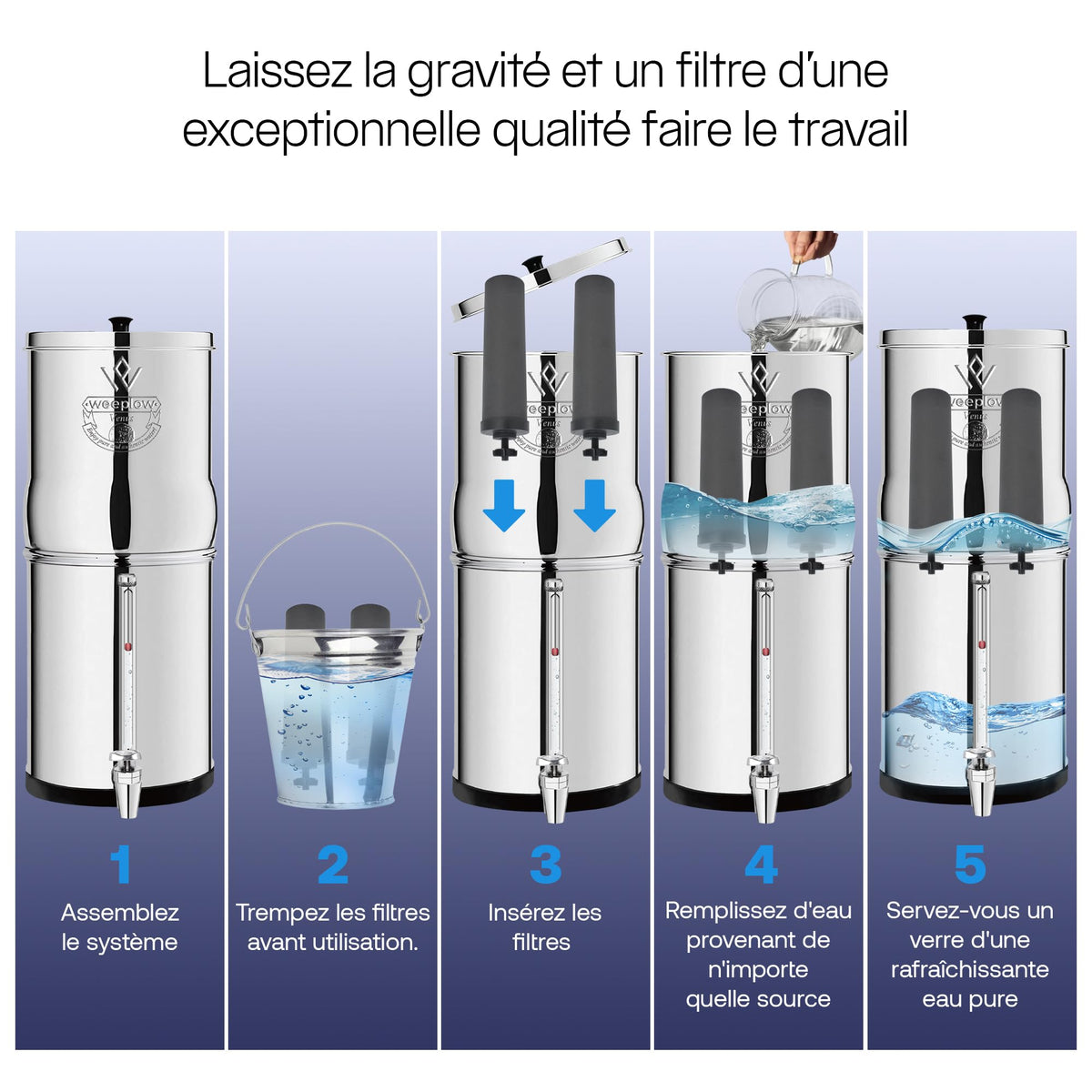 Système de filtration d'eau par gravité Venus 5,6 L en acier inoxydable AISI 304 avec robinet niveau d'eau et filtres O'Pure 2