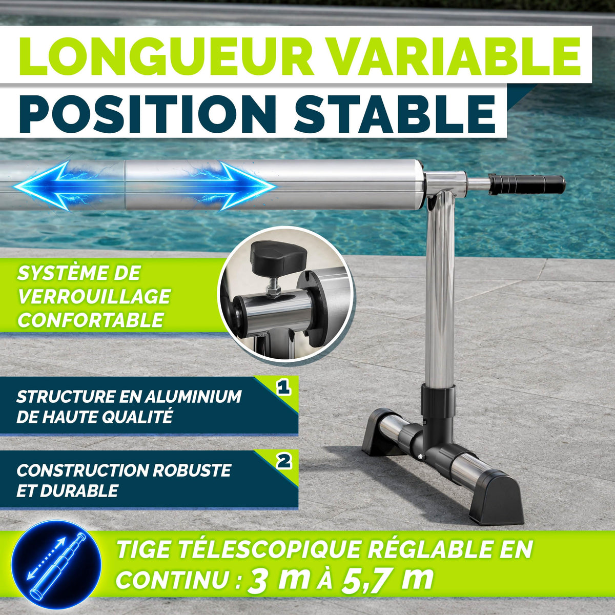 Enrouleur de Piscine 3-5,70 m avec Tube Télescopique 5 Sections et Fixations pour Bâche Solaire