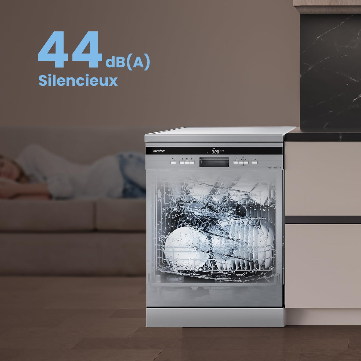 Lave-vaisselle pose libre FD1435E-X 14 couverts 60 cm 8 programmes 44 dB ouverture automatique séchage intensif acier inoxydable