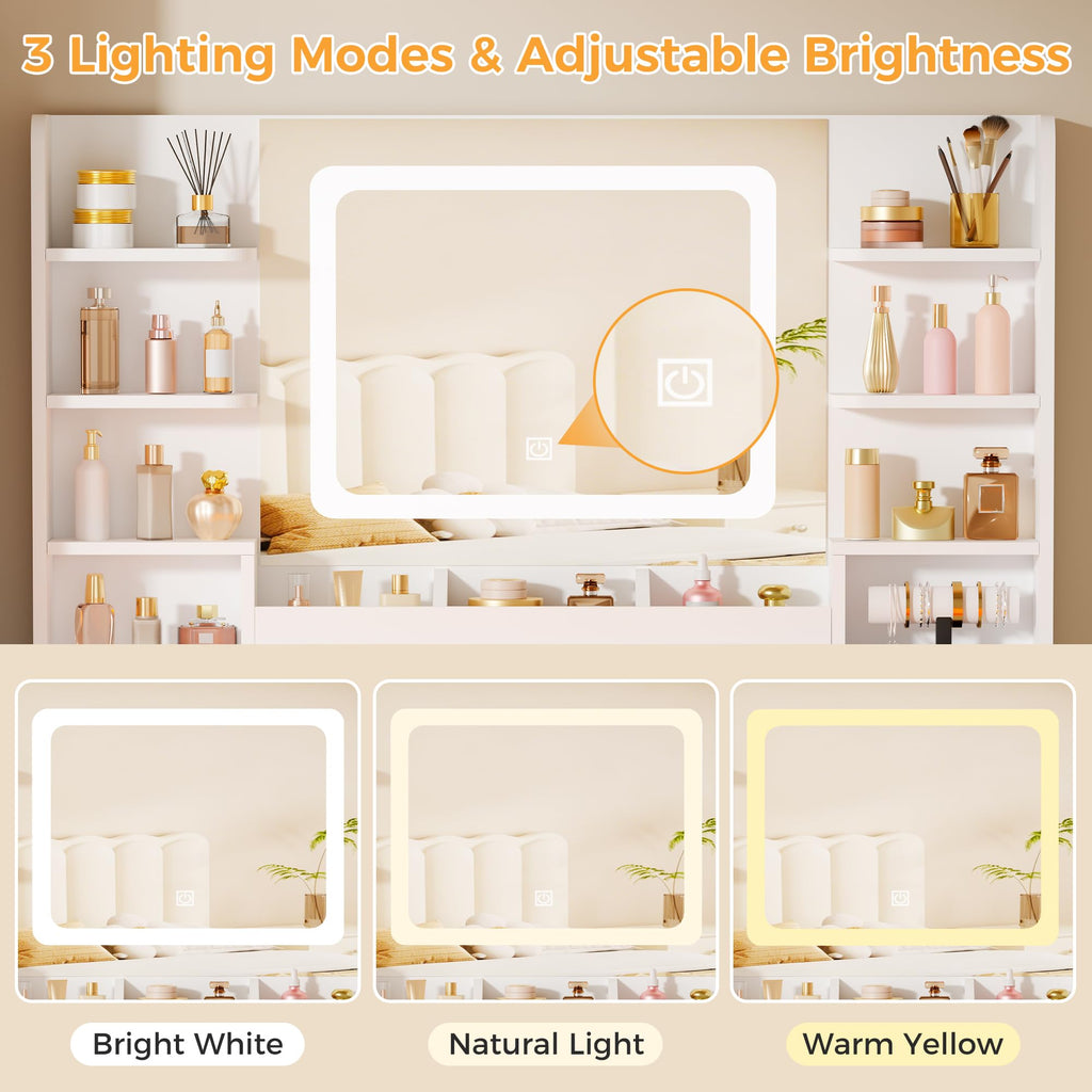Coiffeuse EFST57W avec miroir LED RGB plateau en verre 11 tiroirs 6 étagères et prises USB 105 x 40 x 140 cm blanc