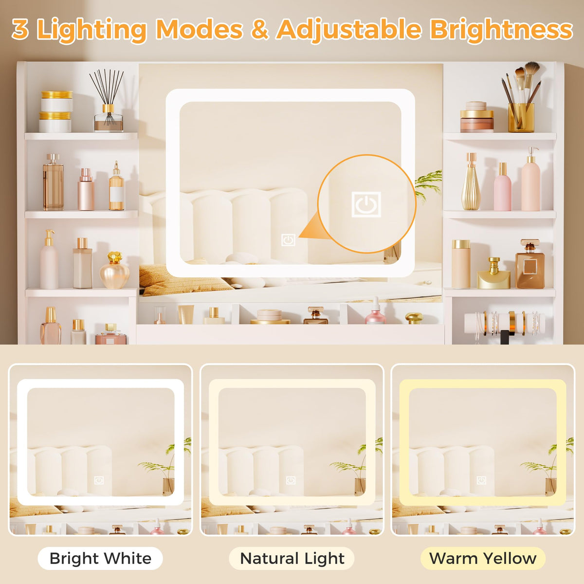 Coiffeuse EFST57W avec miroir LED RGB plateau en verre 11 tiroirs 6 étagères et prises USB 105 x 40 x 140 cm blanc