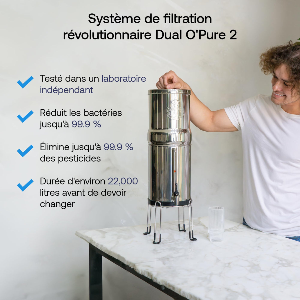 Système de filtration d'eau par gravité Venus 5,6 L en acier inoxydable AISI 304 avec robinet niveau d'eau et filtres O'Pure 2