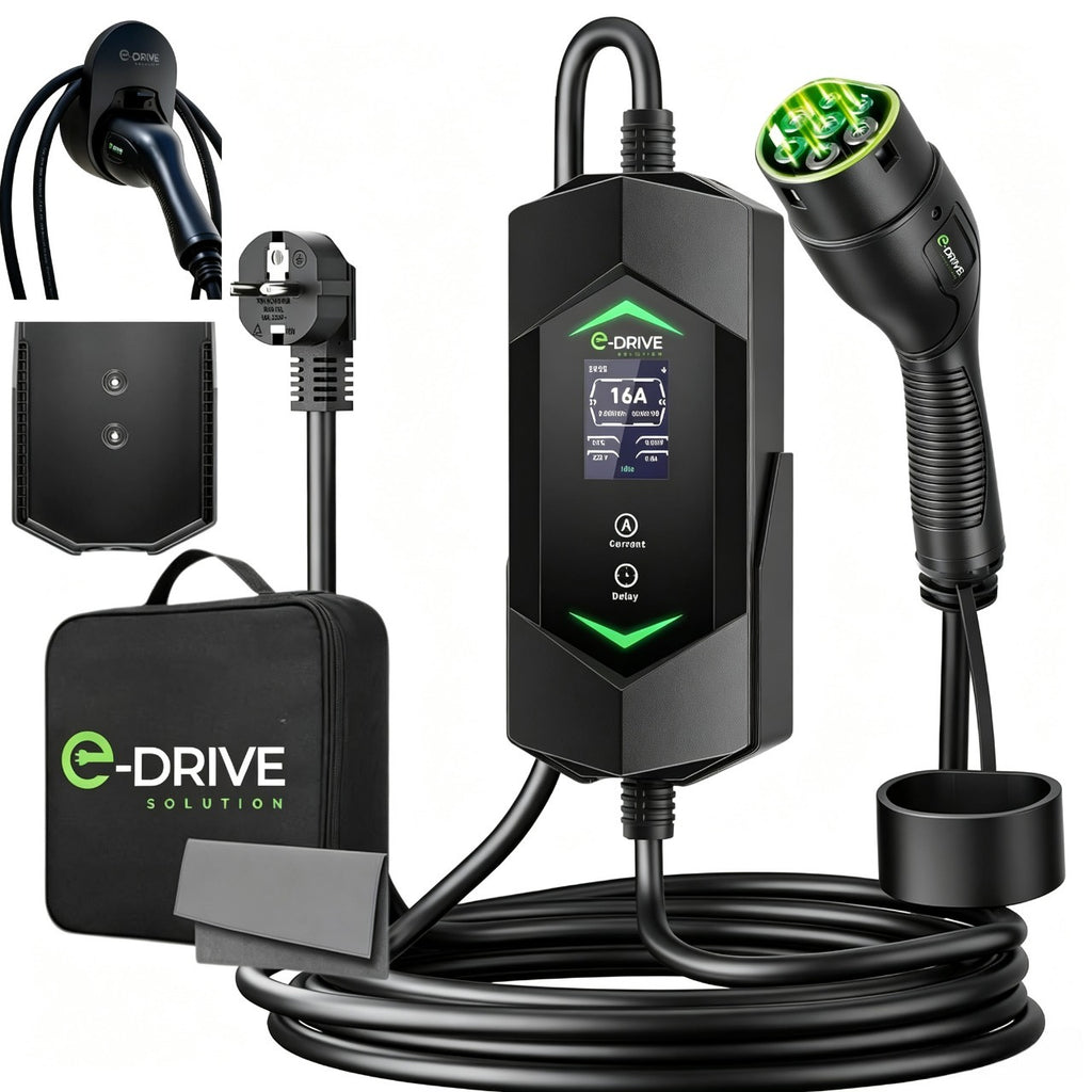 Chargeur voiture électrique Type 2 16A 3,7 kW câble 6m avec écran LCD départ différé support mural protection intégrée