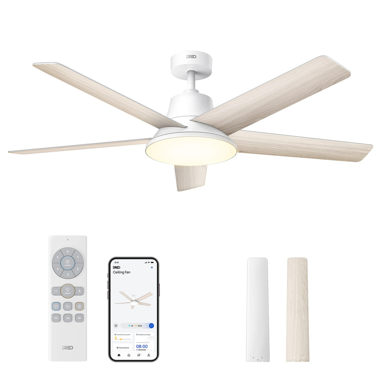Ventilateur de plafond intelligent LED blanc 132 cm moteur DC silencieux 12 vitesses télécommande application DR-HCF001S