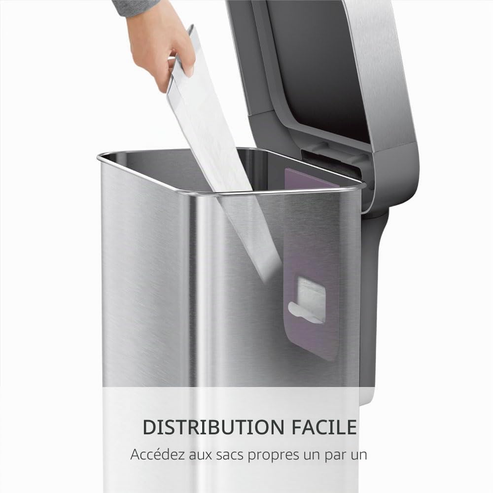 Poubelle de cuisine rectangulaire à pédale en acier inoxydable 45 L avec réserve à sacs fermeture silencieuse et couvercle anti-odeurs