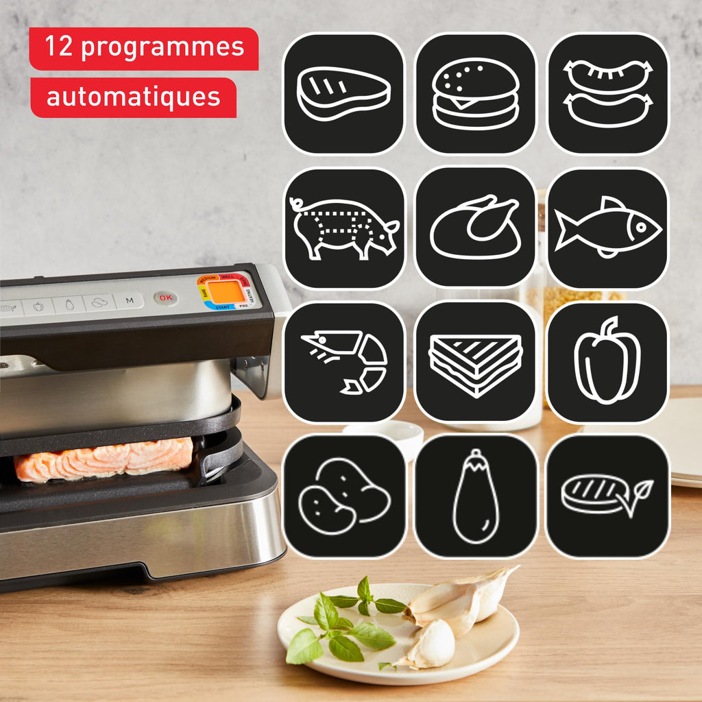 Grill électrique intelligent Optigrill 4 en 1 XL 2200 W en acier inoxydable avec cuisson automatique 12 programmes capacité 8 personnes