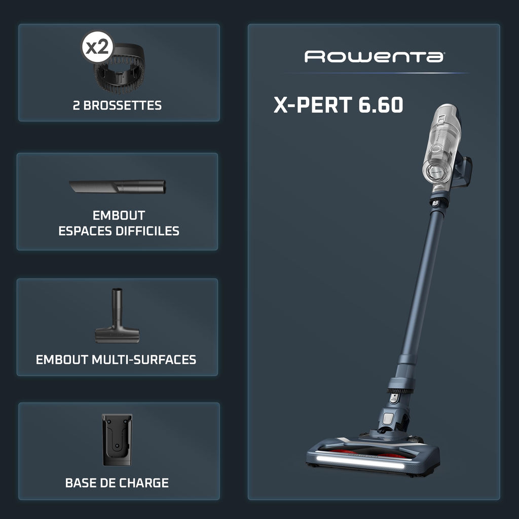 Aspirateur balai sans fil multifonction X-Pert6.60 RH6836EO 100W batterie 18V autonomie 45 minutes filtre et bac à poussière
