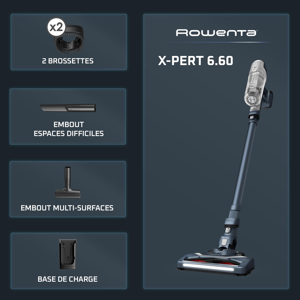 Aspirateur balai sans fil multifonction X-Pert6.60 RH6836EO 100W batterie 18V autonomie 45 minutes filtre et bac à poussière