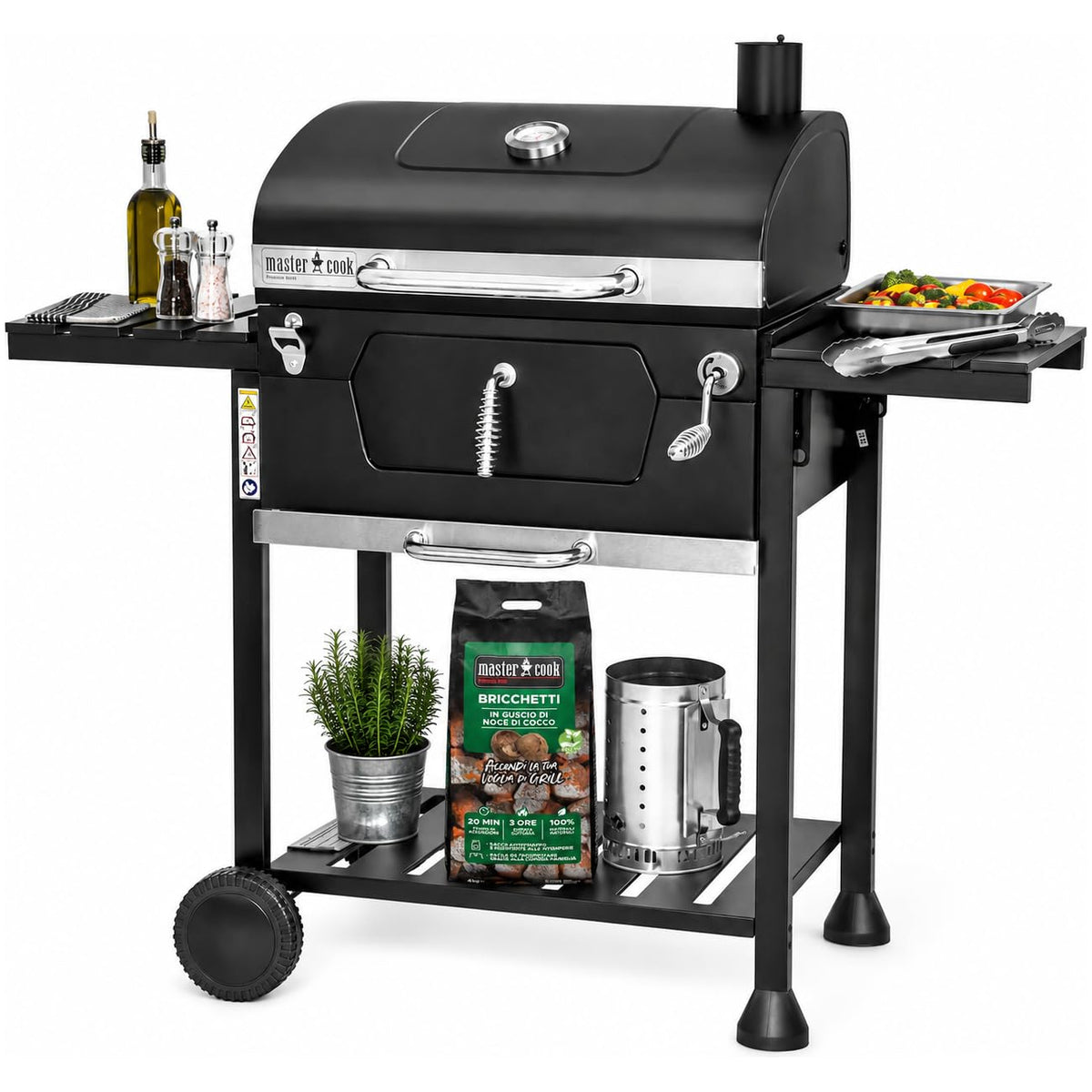 Barbecue à Charbon Extérieur avec Double Grille, Thermomètre, Étagères Latérales, Roues, Grille en Acier Émaillé 112 × 66 × 125 cm