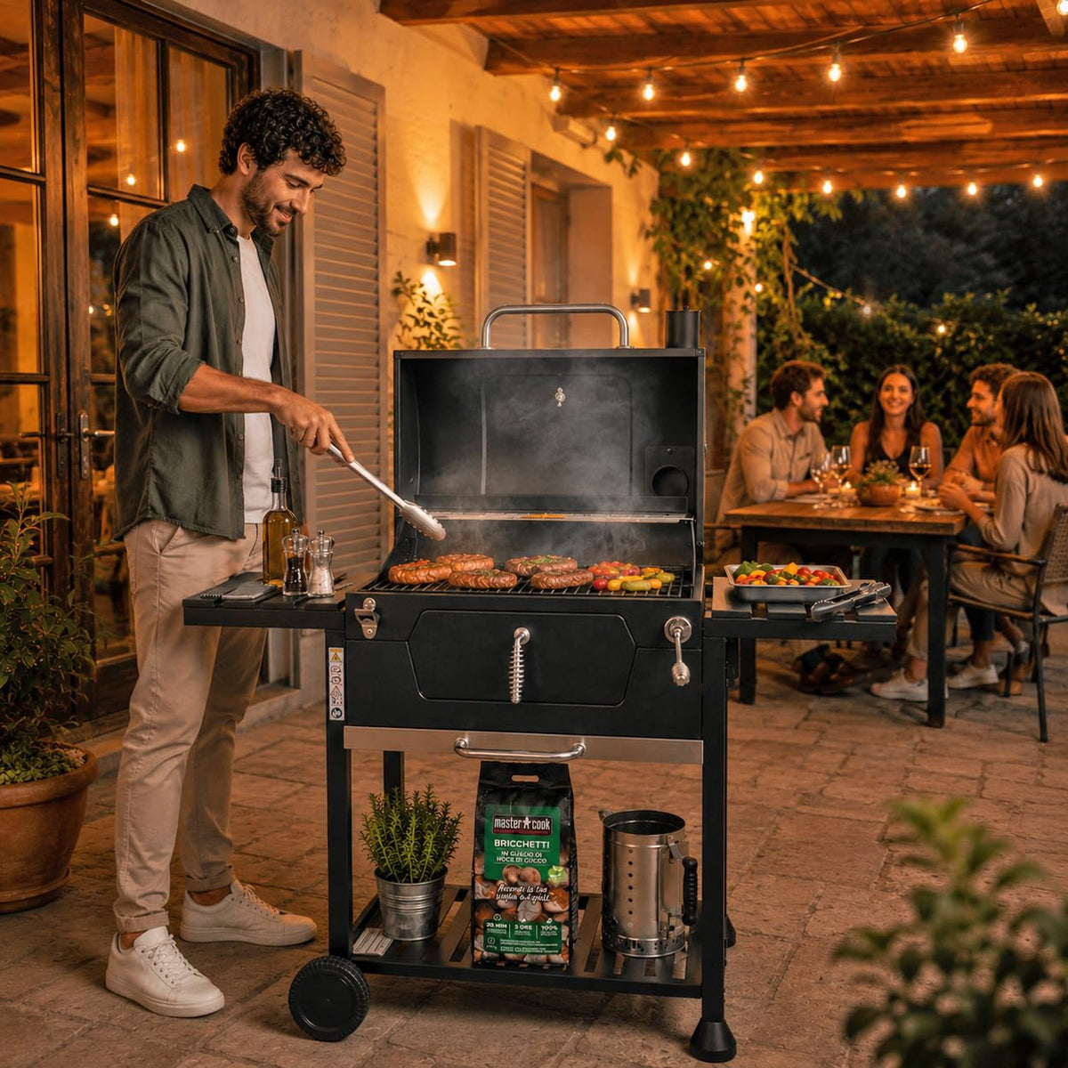 Barbecue à Charbon Extérieur avec Double Grille, Thermomètre, Étagères Latérales, Roues, Grille en Acier Émaillé 112 × 66 × 125 cm
