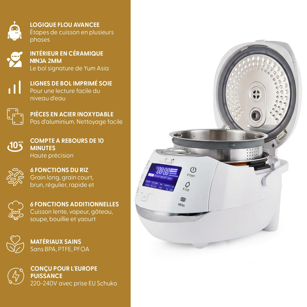Cuiseur à riz multifonction Sakura 860 W avec bol céramique 1,5 L logique floue avancée 6 programmes riz et écran LED