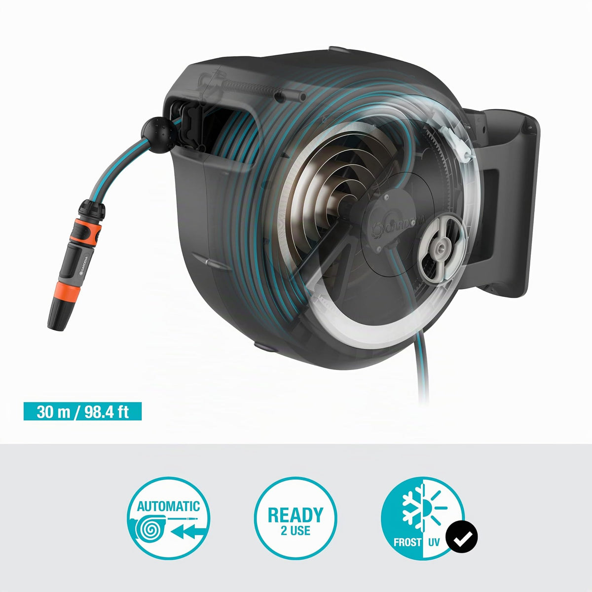 Enrouleur de tuyau mural RollUp L 30 m Ø13 mm pivotant à 180° enroulement automatique résistant au gel kit complet