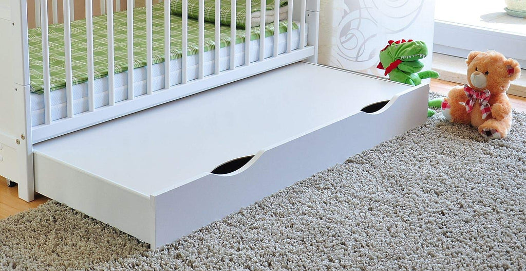 Lit bébé convertible avec tiroir 120x60 cm en bois de pin avec matelas mousse Aloe Vera rails réglables en hauteur